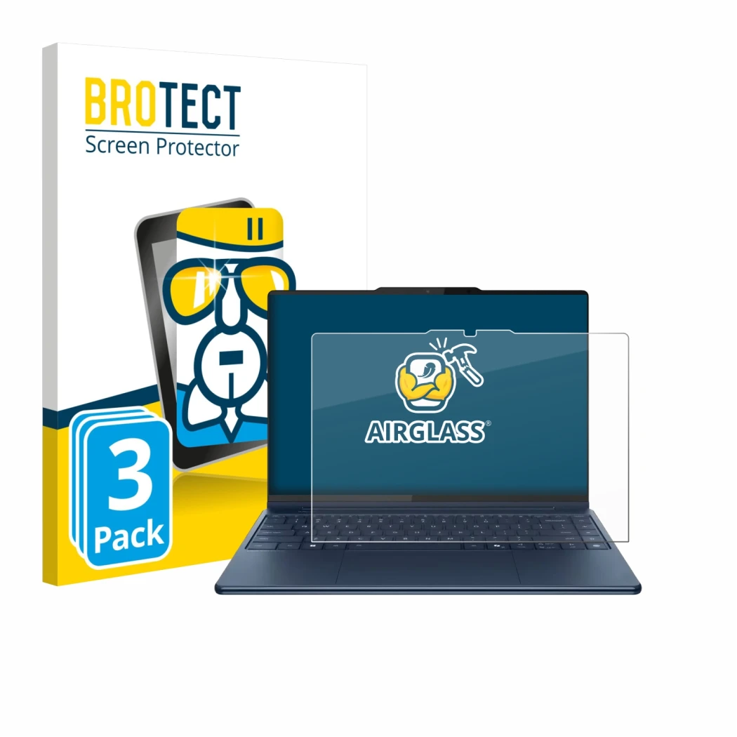 Parte frontal de un envase de producto con el logotipo de la marca BROTECT. Al lado se muestra el dispositivo Lenovo Yoga Pro 