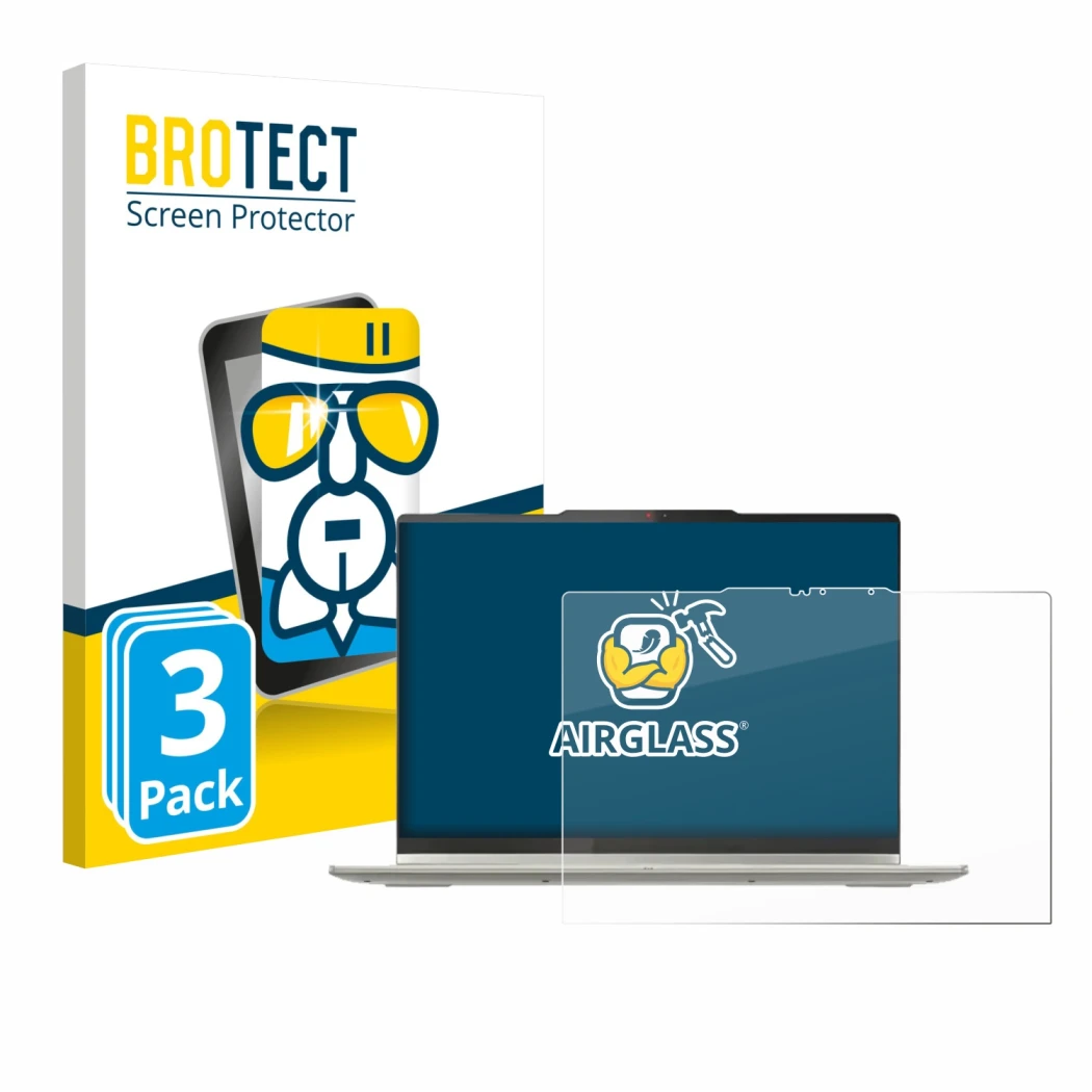 Parte frontal de un envase de producto con el logotipo de la marca BROTECT. Al lado se muestra el dispositivo Lenovo Yoga 7 2-