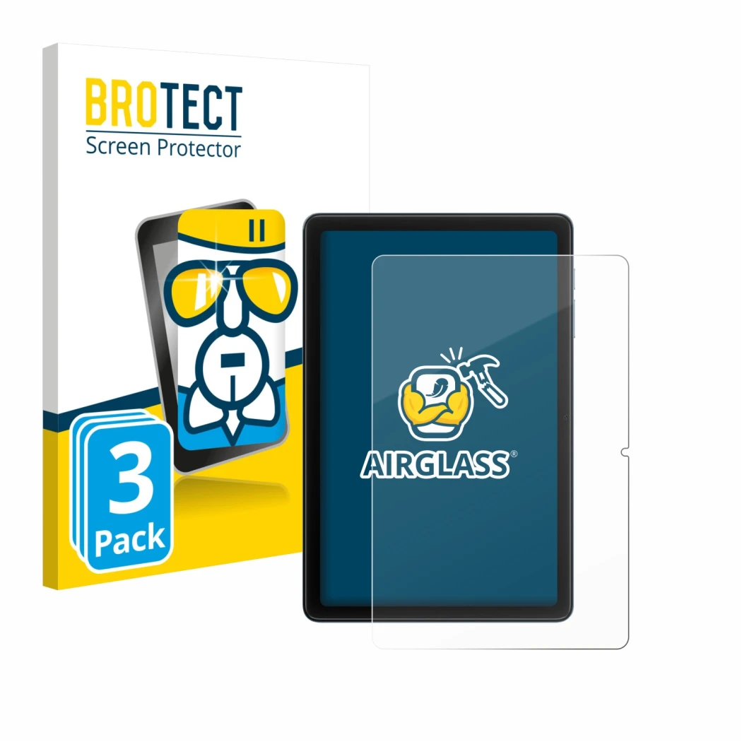 Parte frontal de un envase de producto con el logotipo de la marca BROTECT. Al lado se muestra el dispositivo Blackview Tab 20