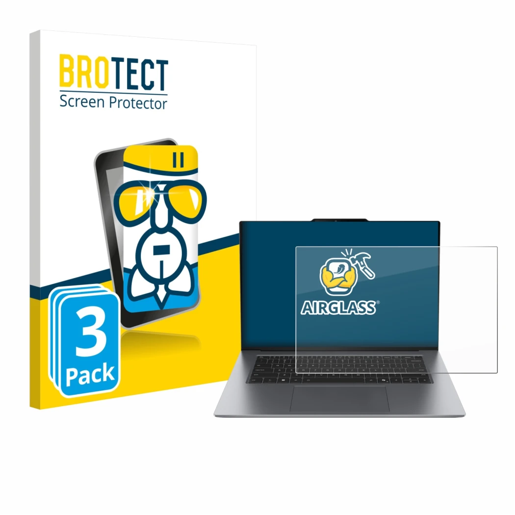 Parte frontal de un envase de producto con el logotipo de la marca BROTECT. Al lado se muestra el dispositivo Lenovo ThinkPad 