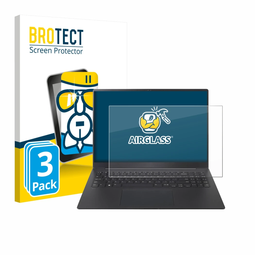 Parte frontal de un envase de producto con el logotipo de la marca BROTECT. Al lado se muestra el dispositivo LG gram Pro 16 2