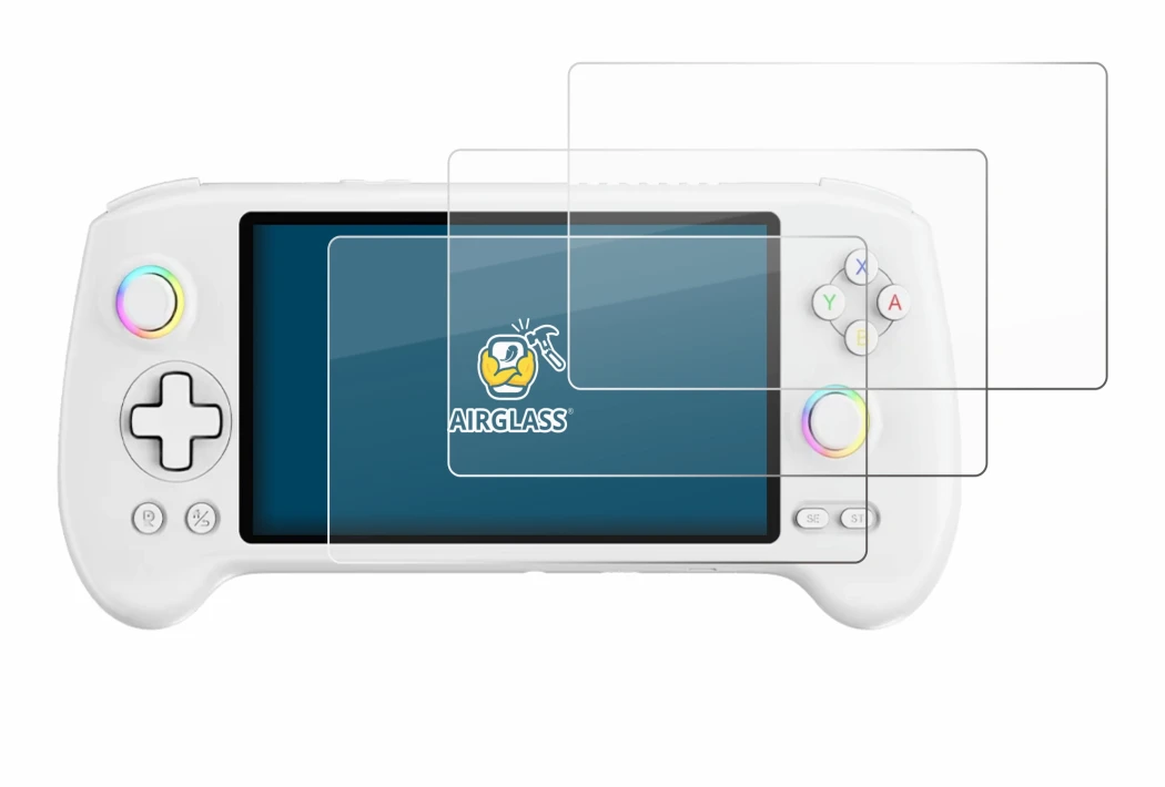 Imagen del dispositivo Anbernic RG557 con una amplia variedad de protectores de pantalla.