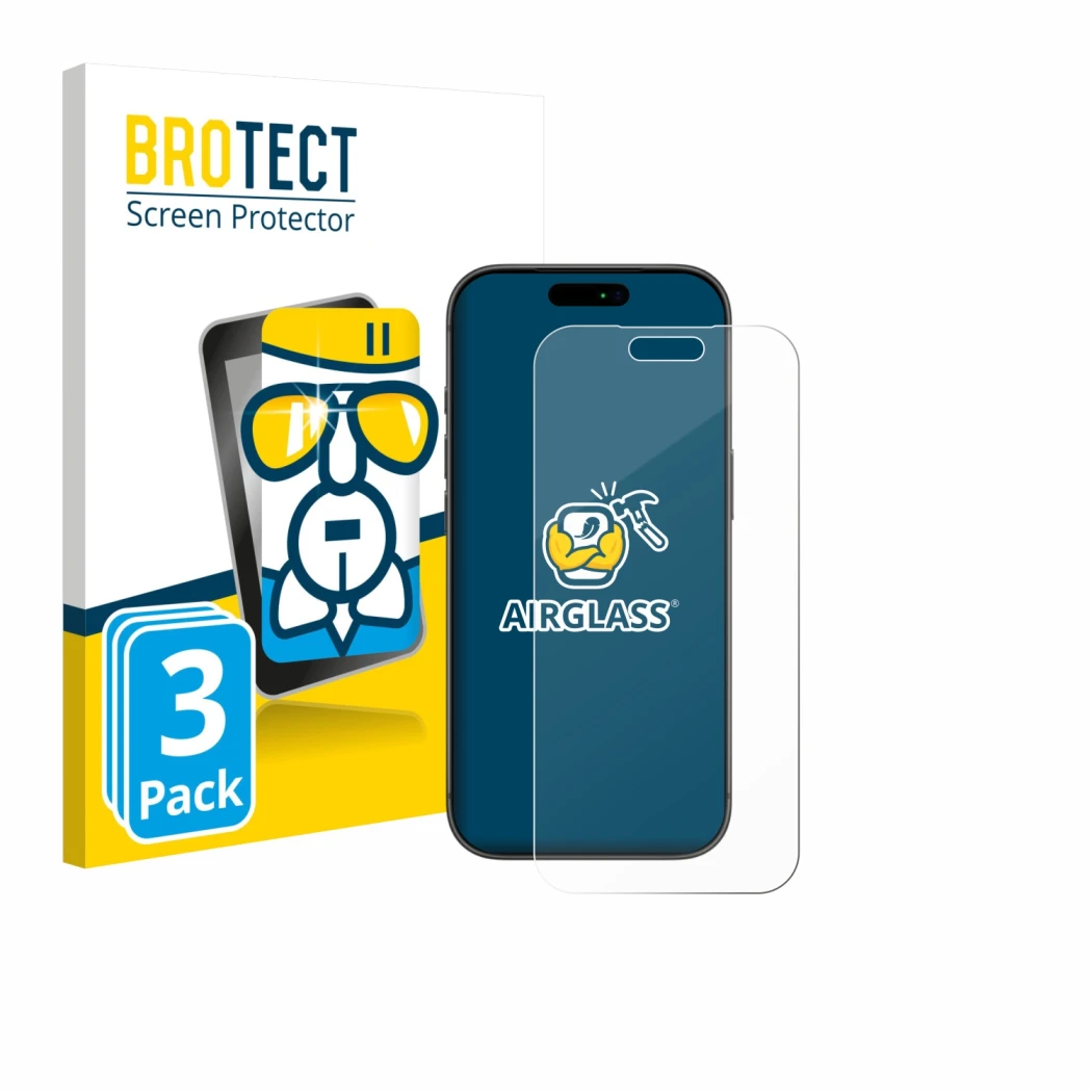 Parte frontal de un envase de producto con el logotipo de la marca BROTECT. Al lado se muestra el dispositivo Apple iPhone 17 