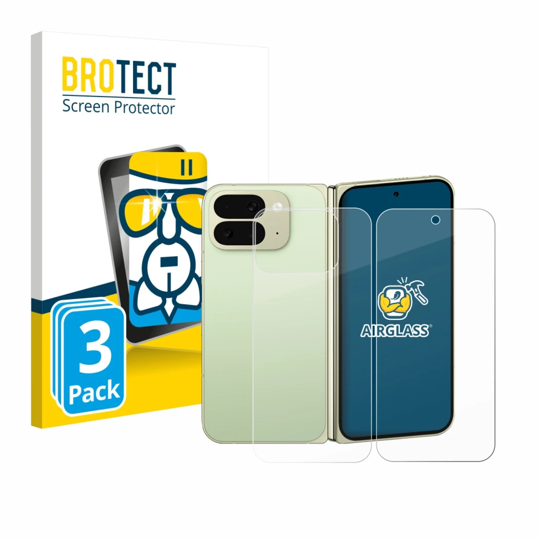 Parte frontal de un envase de producto con el logotipo de la marca BROTECT. Al lado se muestra el dispositivo Google Pixel 10 