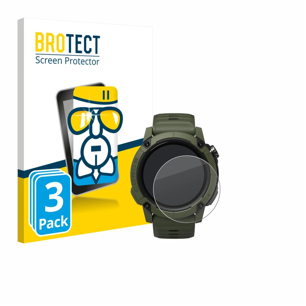 Parte frontal de un envase de producto con el logotipo de la marca BROTECT. Al lado se muestra el dispositivo Coros NOMAD con 