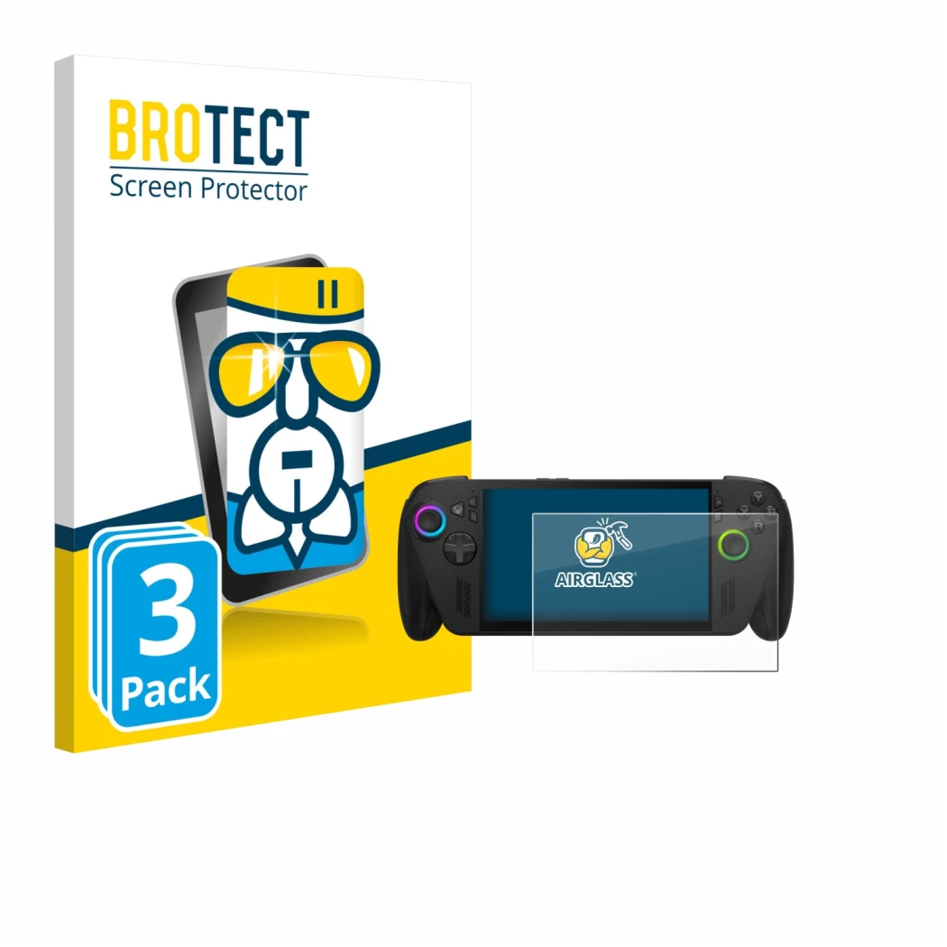 Parte frontal de un envase de producto con el logotipo de la marca BROTECT. Al lado se muestra el dispositivo ASUS ROG Ally X 