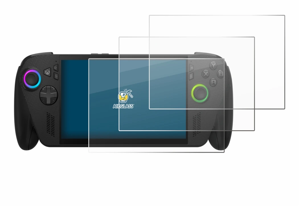 Imagen del dispositivo ASUS ROG Ally X 2025 con una amplia variedad de protectores de pantalla.