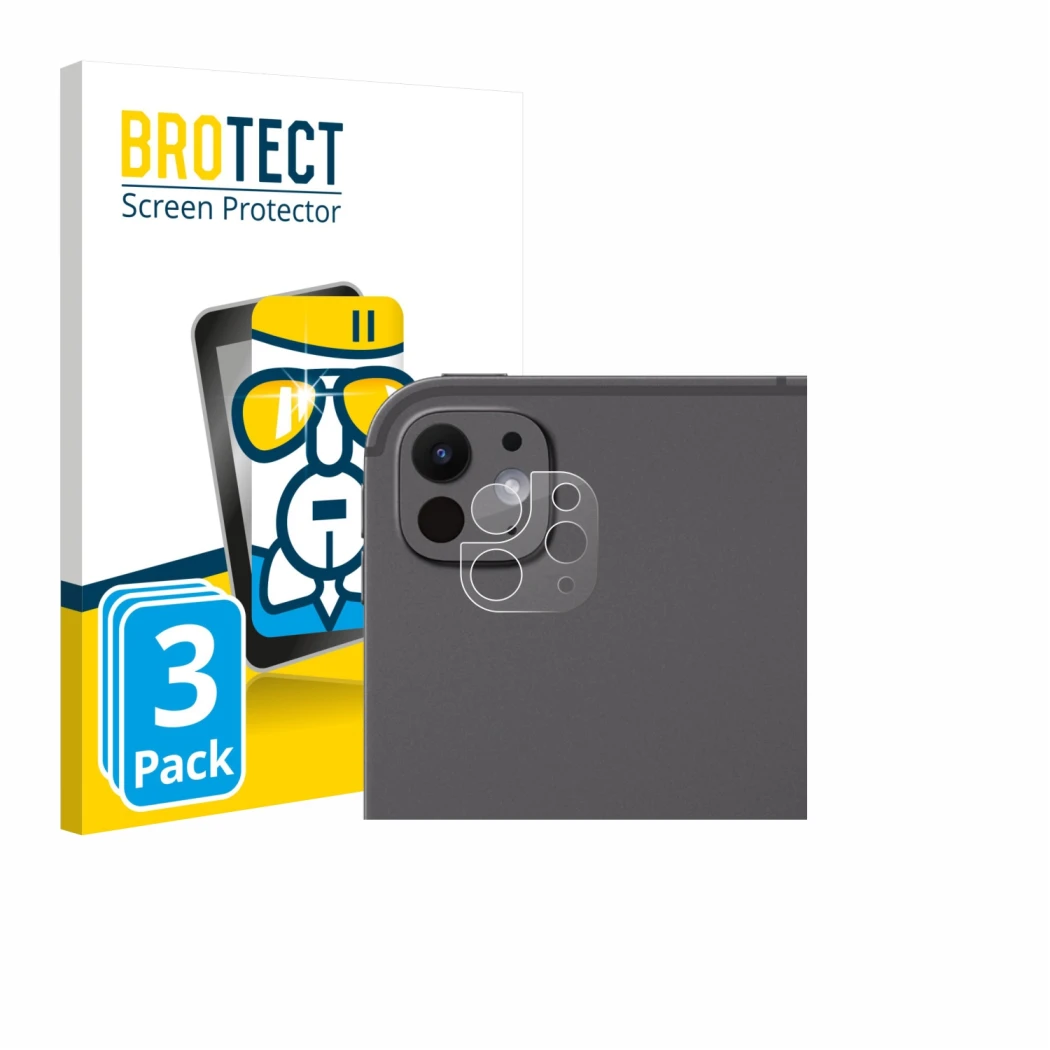 Parte frontal de un envase de producto con el logotipo de la marca BROTECT. Al lado se muestra el dispositivo Apple iPad Pro 1