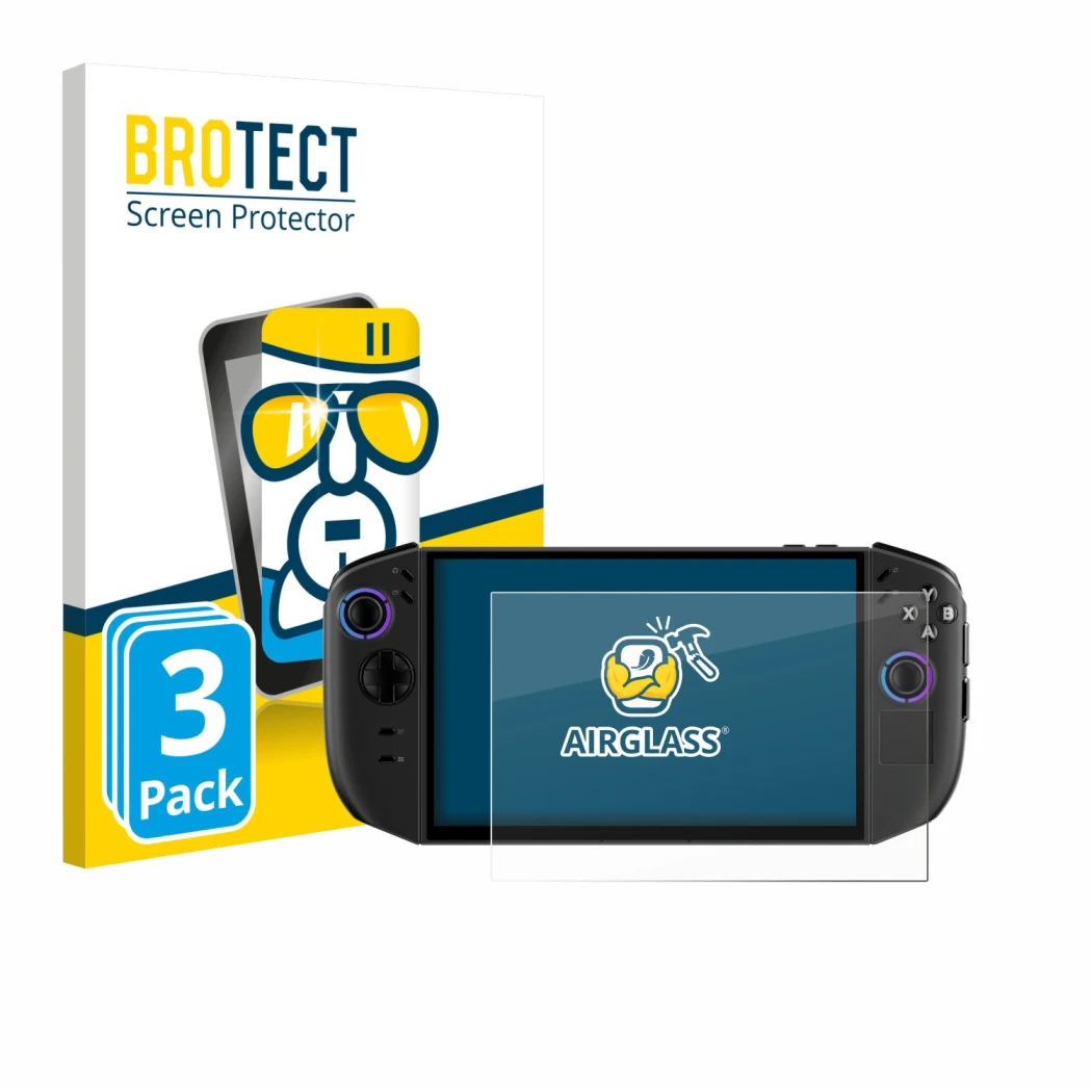 Parte frontal de un envase de producto con el logotipo de la marca BROTECT. Al lado se muestra el dispositivo Lenovo Legion Go