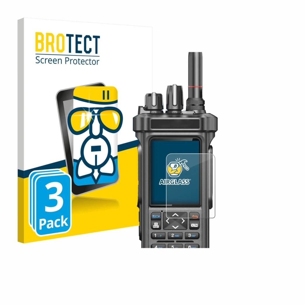 Parte frontal de un envase de producto con el logotipo de la marca BROTECT. Al lado se muestra el dispositivo Radtel RT-950 Pr