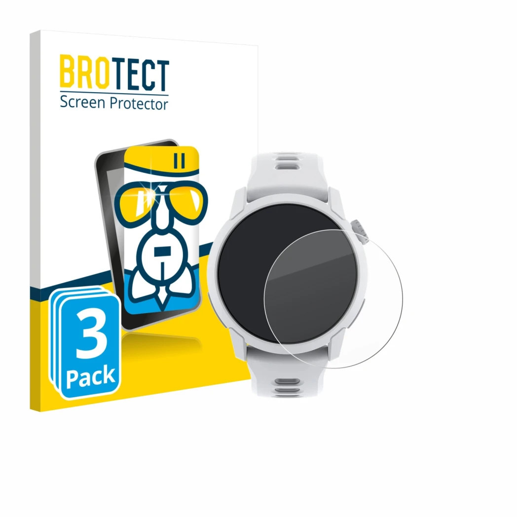 Parte frontal de un envase de producto con el logotipo de la marca BROTECT. Al lado se muestra el dispositivo Coros Pace 4 con