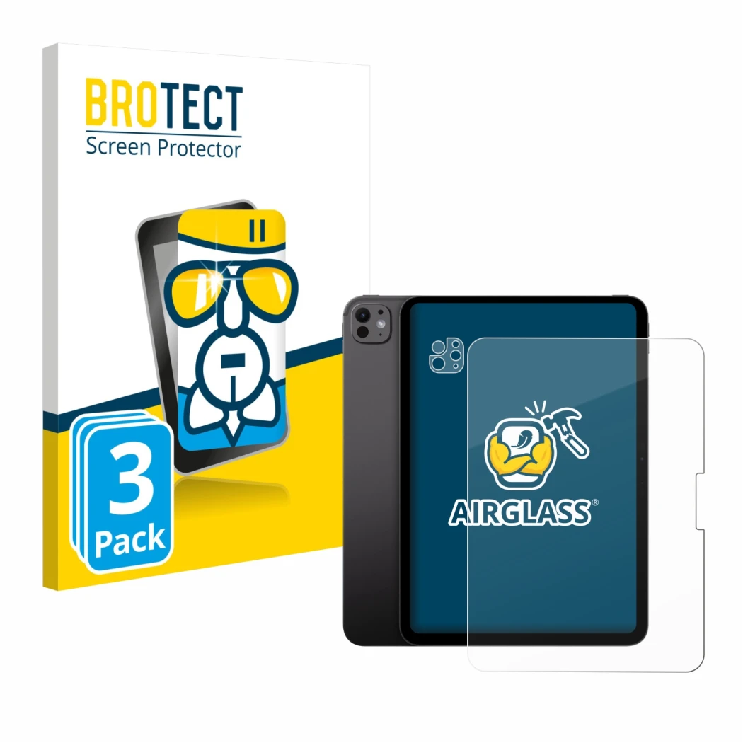 Parte frontal de un envase de producto con el logotipo de la marca BROTECT. Al lado se muestra el dispositivo Apple iPad Pro 1