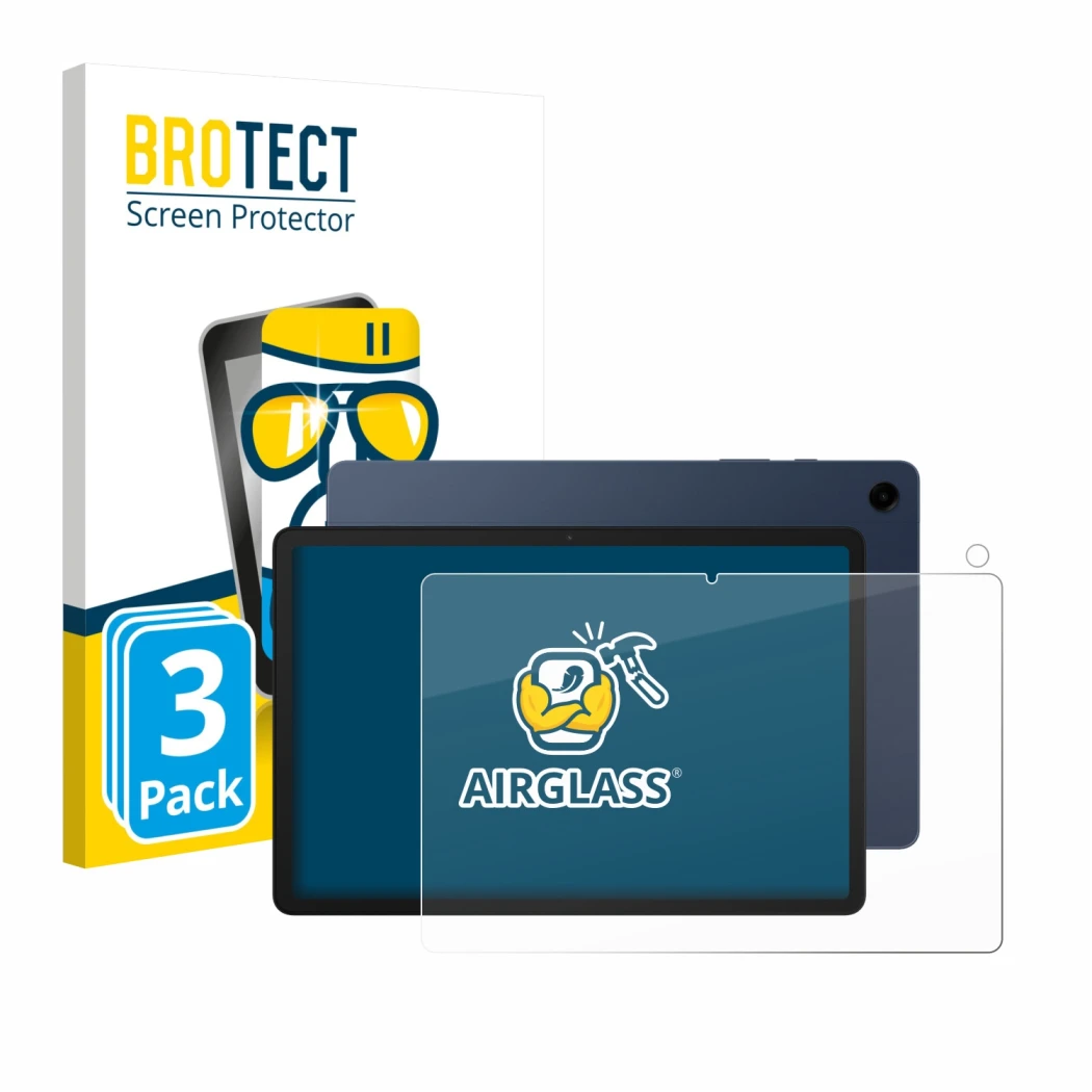 Parte frontal de un envase de producto con el logotipo de la marca BROTECT. Al lado se muestra el dispositivo Samsung Galaxy T