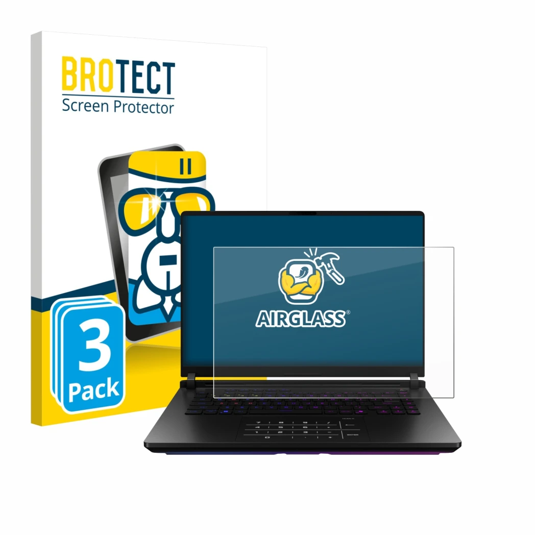 Parte frontal de un envase de producto con el logotipo de la marca BROTECT. Al lado se muestra el dispositivo ASUS ROG Strix S