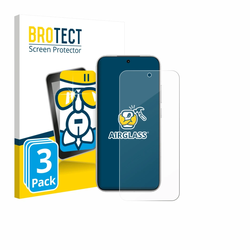 Parte frontal de un envase de producto con el logotipo de la marca BROTECT. Al lado se muestra el dispositivo Xiaomi Poco F8 P