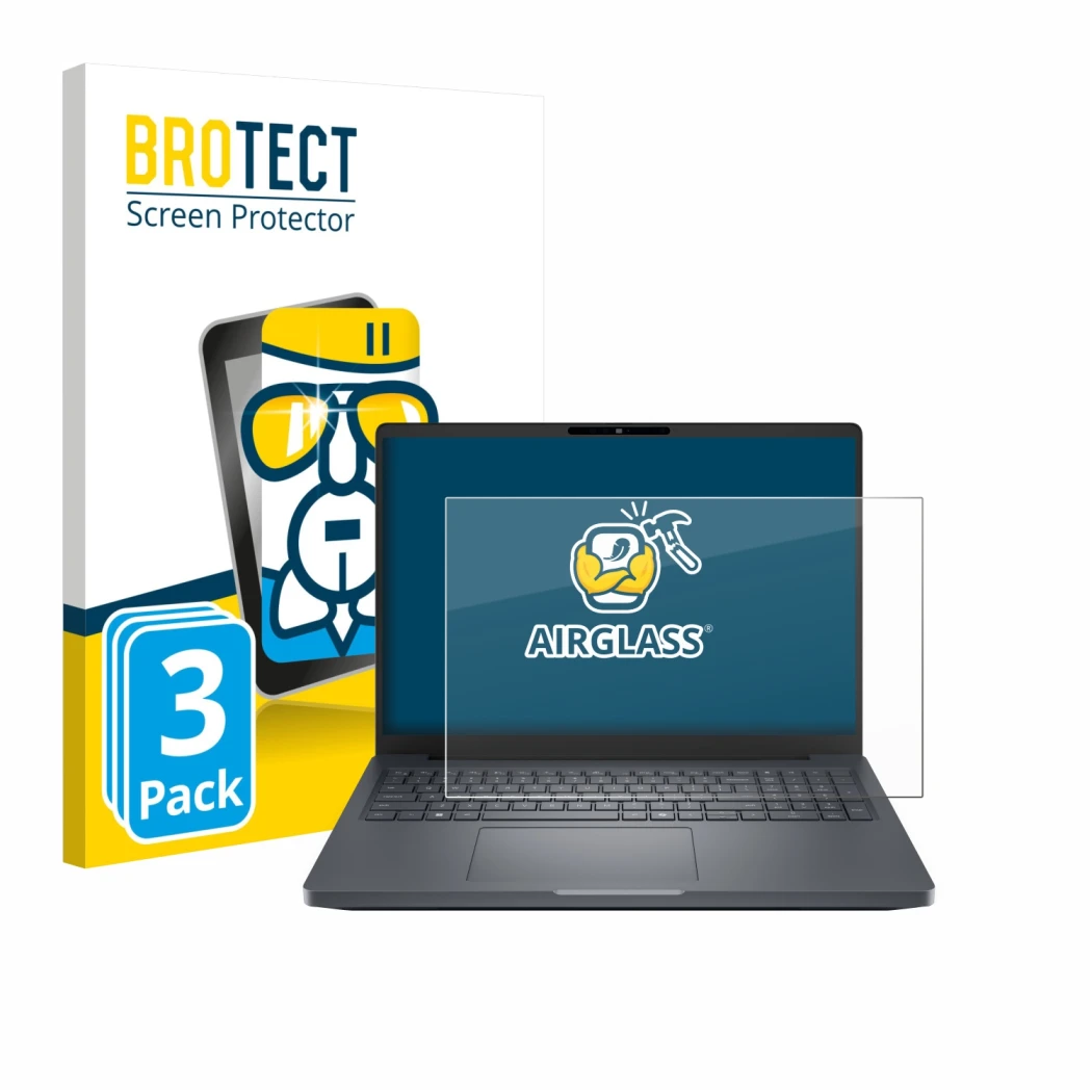 Parte frontal de un envase de producto con el logotipo de la marca BROTECT. Al lado se muestra el dispositivo Dell Pro Max 16 