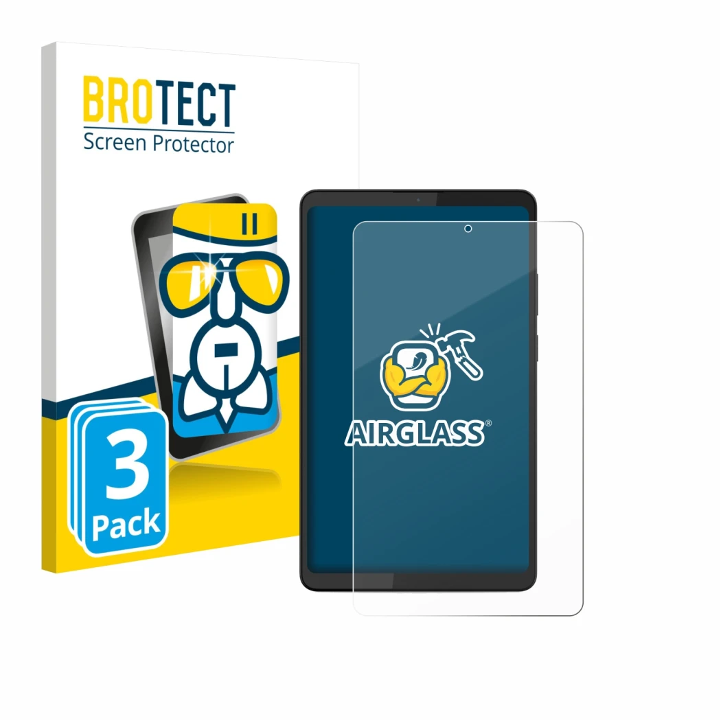 Parte frontal de un envase de producto con el logotipo de la marca BROTECT. Al lado se muestra el dispositivo Lenovo Tab K9 co