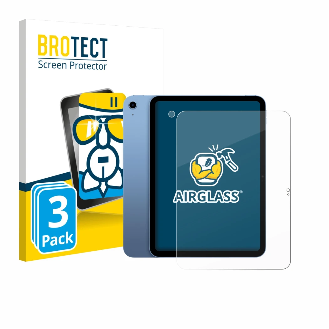 Parte frontal de un envase de producto con el logotipo de la marca BROTECT. Al lado se muestra el dispositivo Apple iPad 10.9