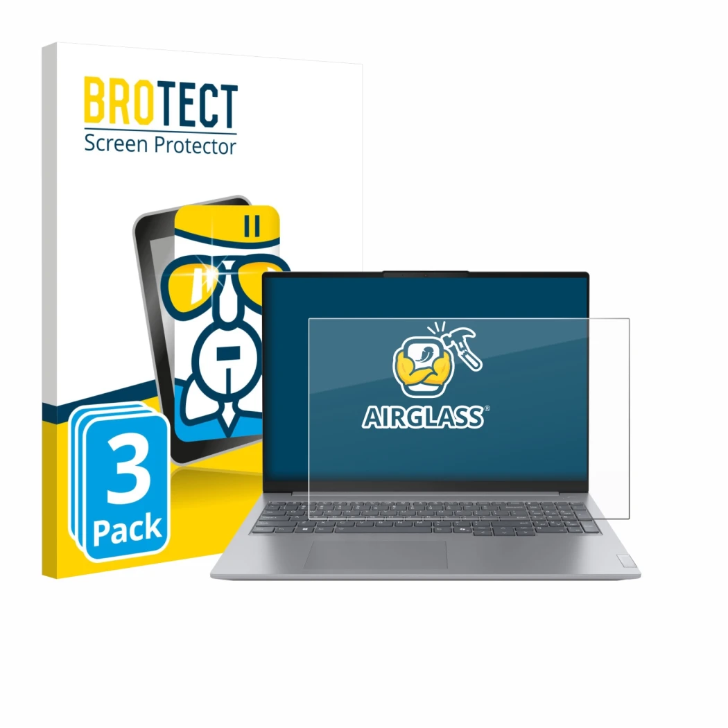 Parte frontal de un envase de producto con el logotipo de la marca BROTECT. Al lado se muestra el dispositivo Lenovo ThinkBook