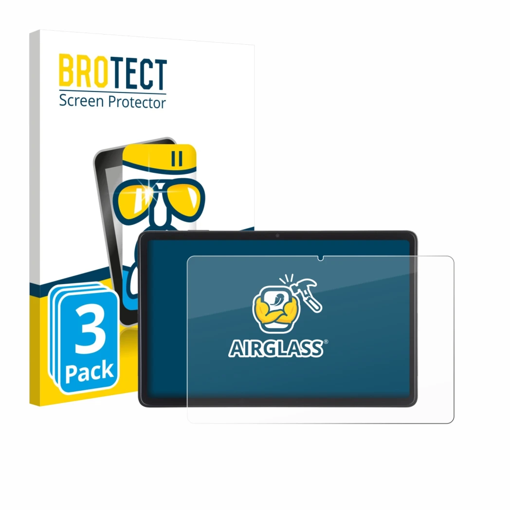 Parte frontal de un envase de producto con el logotipo de la marca BROTECT. Al lado se muestra el dispositivo Acepad A171 10.4