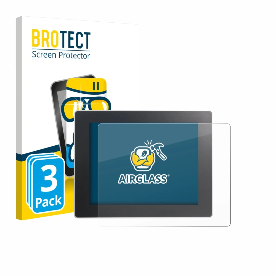 Parte frontal de un envase de producto con el logotipo de la marca BROTECT. Al lado se muestra el dispositivo Weintek cMT3092X