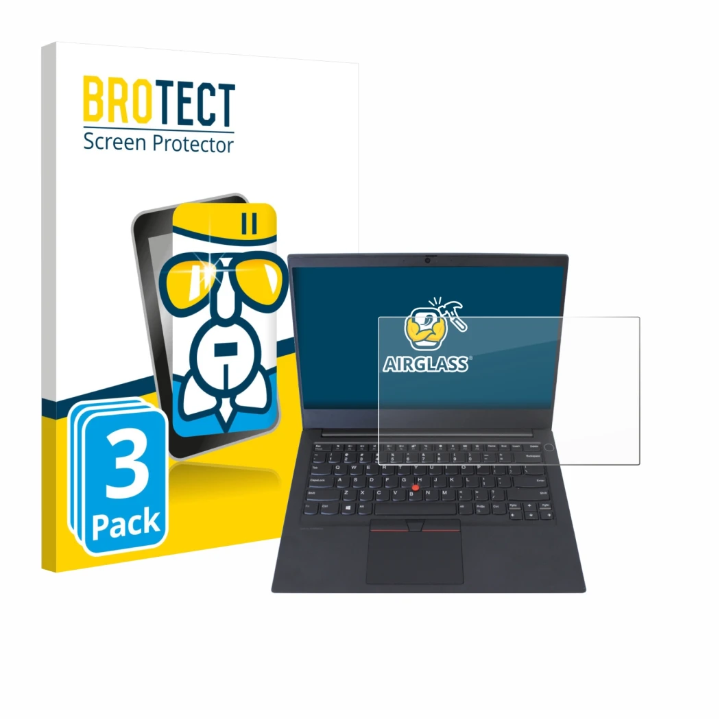 Parte frontal de un envase de producto con el logotipo de la marca BROTECT. Al lado se muestra el dispositivo Lenovo ThinkPad 