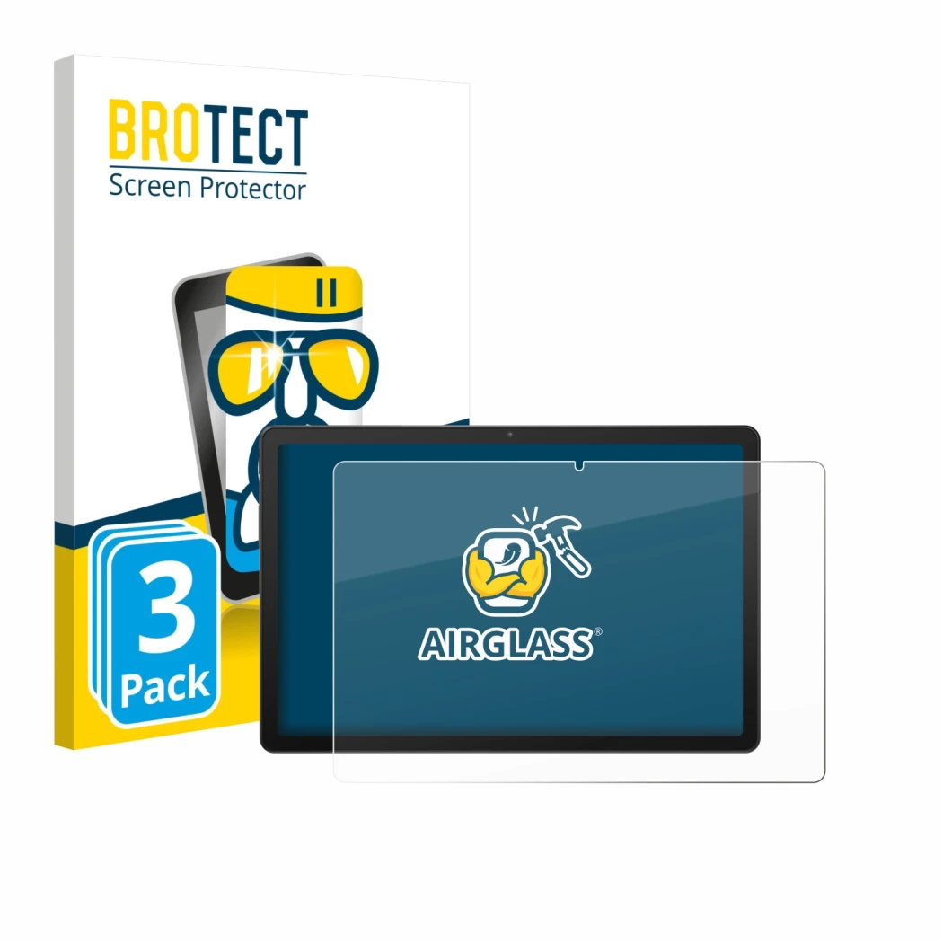 Parte frontal de un envase de producto con el logotipo de la marca BROTECT. Al lado se muestra el dispositivo Sunmi CPad 8.7