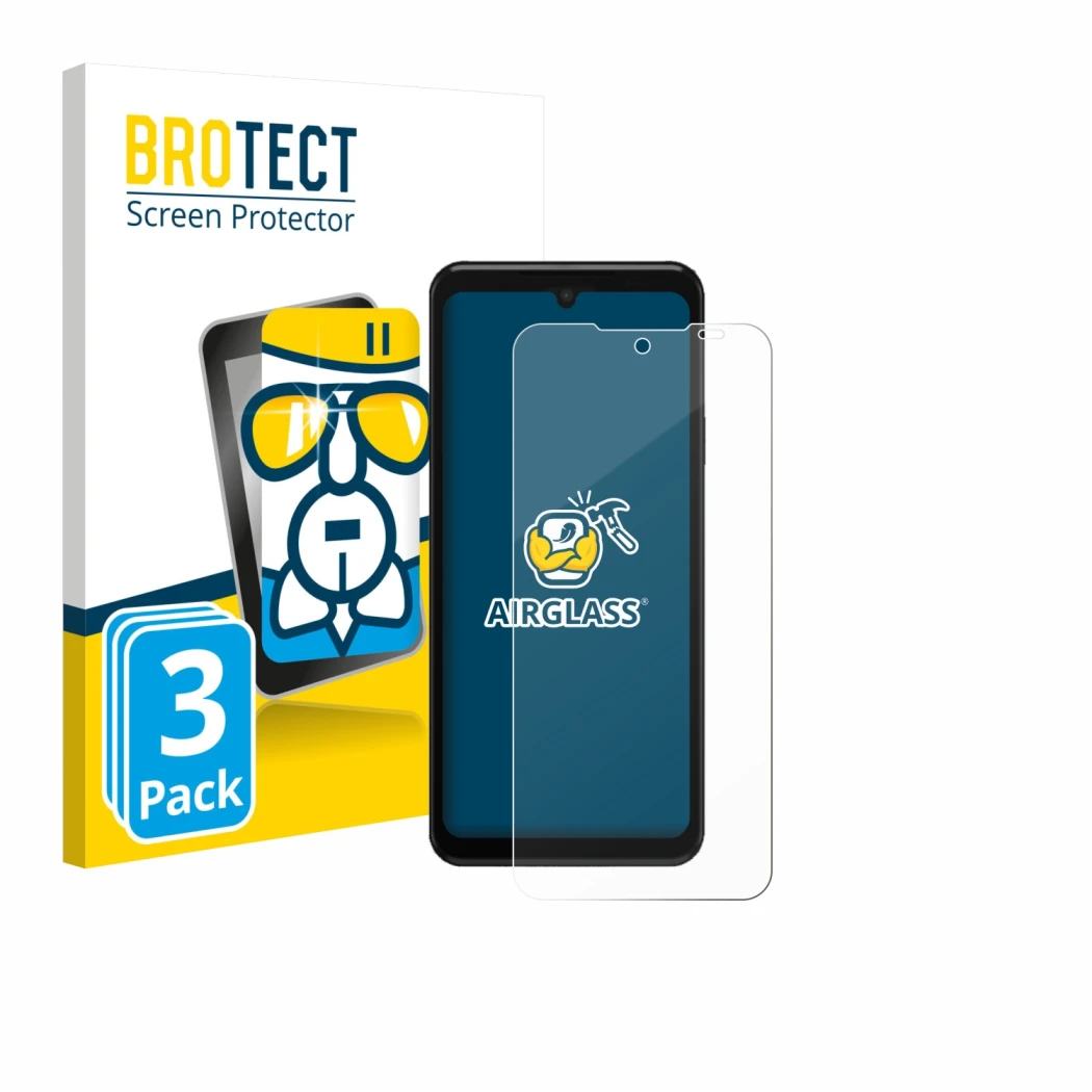 Parte frontal de un envase de producto con el logotipo de la marca BROTECT. Al lado se muestra el dispositivo Sunmi L3 con su 