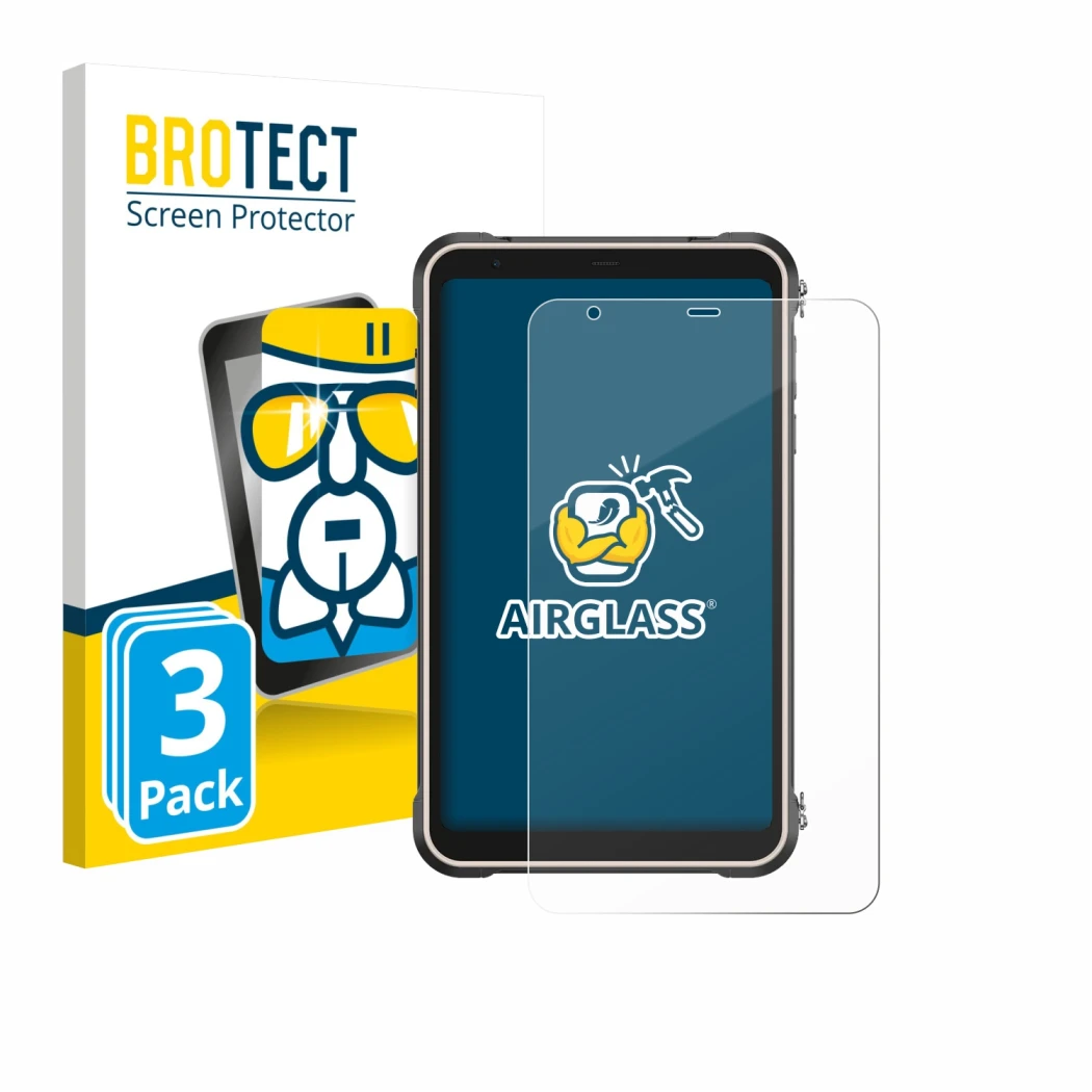 Parte frontal de un envase de producto con el logotipo de la marca BROTECT. Al lado se muestra el dispositivo Ulefone RugKing 