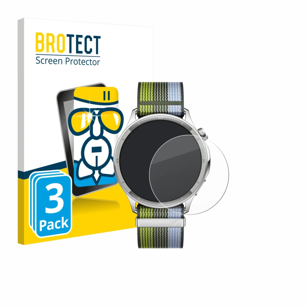 Parte frontal de un envase de producto con el logotipo de la marca BROTECT. Al lado se muestra el dispositivo Oppo Watch S con