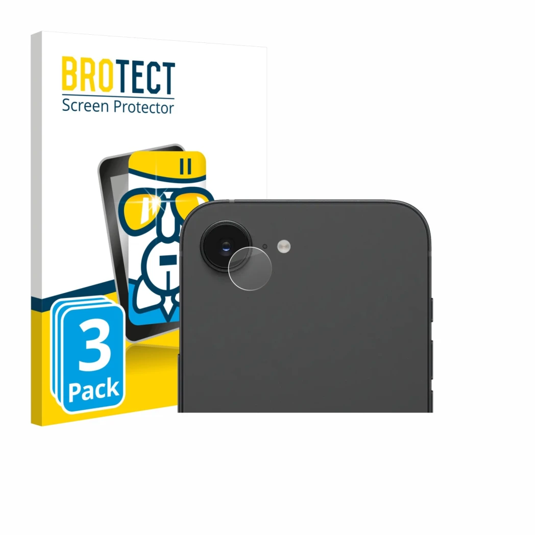 Parte frontal de un envase de producto con el logotipo de la marca BROTECT. Al lado se muestra el dispositivo Apple iPhone 17e