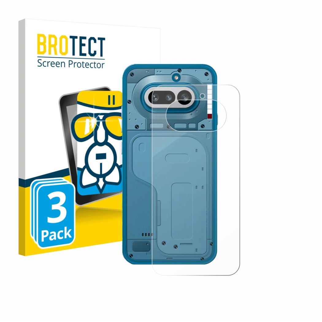 Parte frontal de un envase de producto con el logotipo de la marca BROTECT. Al lado se muestra el dispositivo Nothing Phone (4