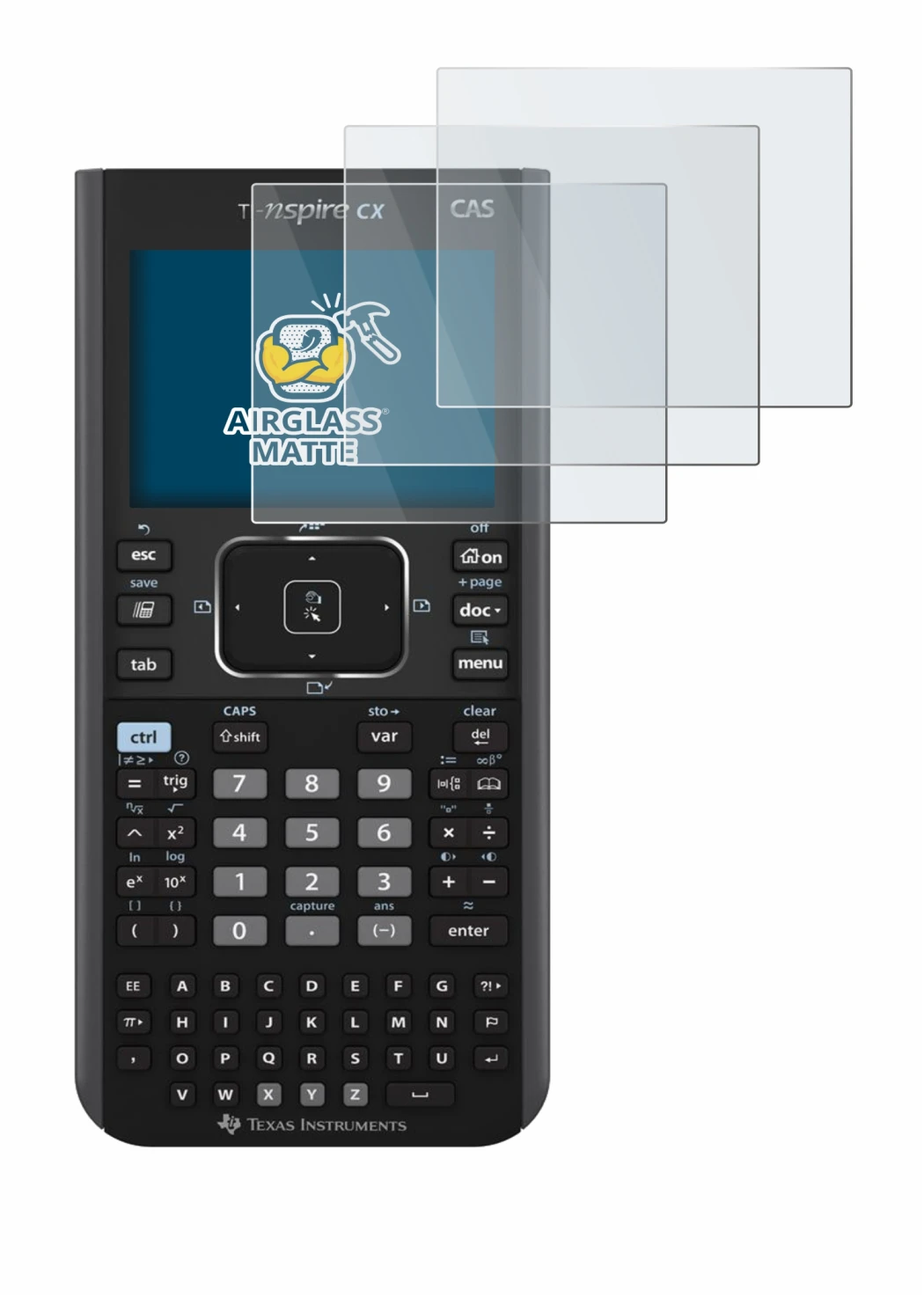 Imagen del dispositivo Texas Instruments Nspire CX CAS con una amplia variedad de protectores de pantalla.