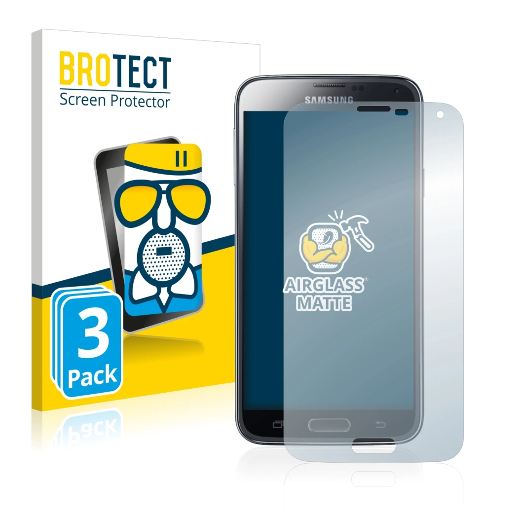 Parte frontal de un envase de producto con el logotipo de la marca BROTECT. Al lado se muestra el dispositivo Samsung Galaxy S