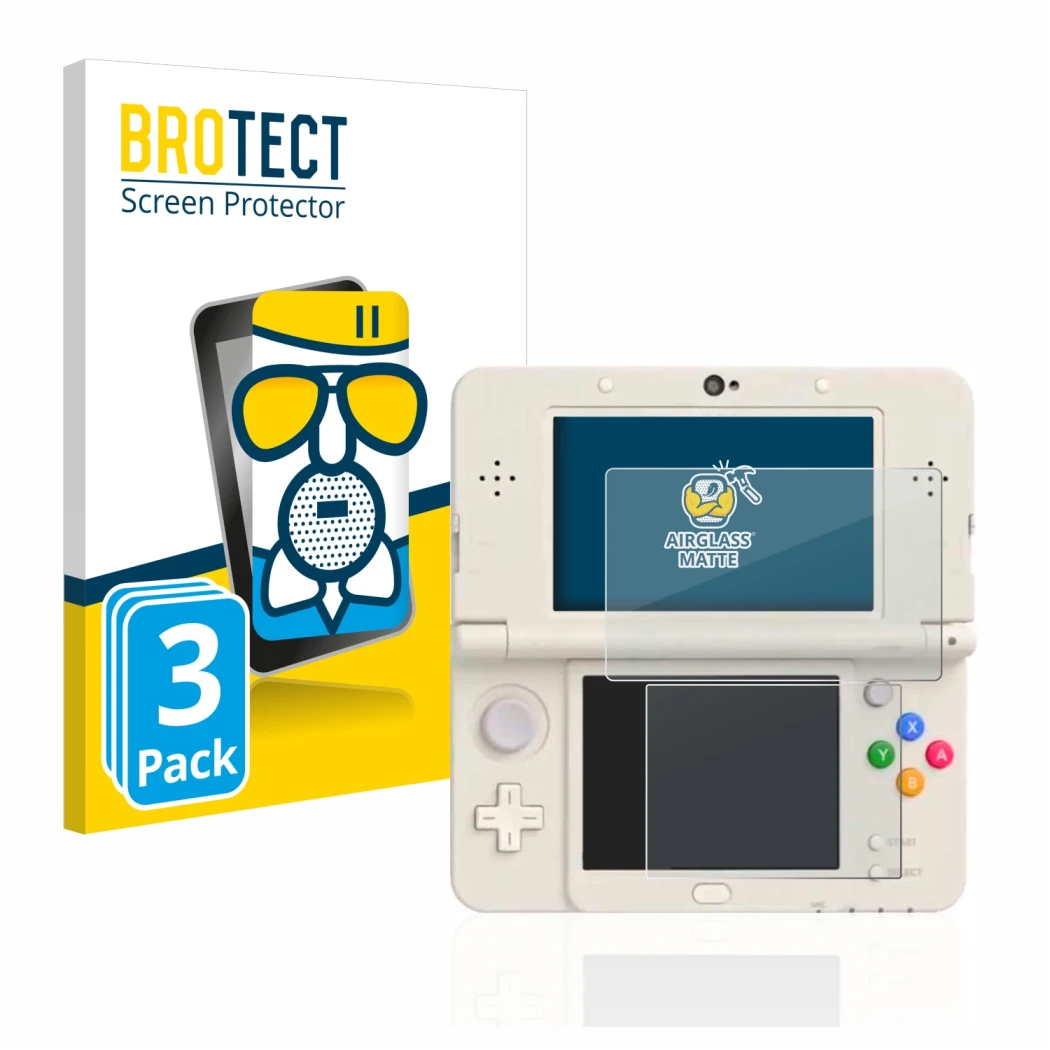 Parte frontal de un envase de producto con el logotipo de la marca BROTECT. Al lado se muestra el dispositivo Nintendo New 3DS