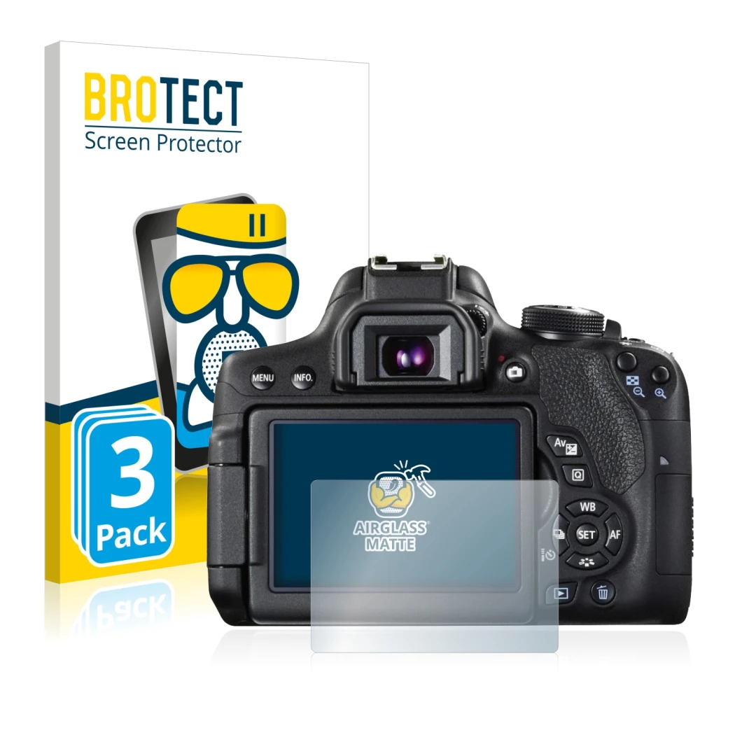 Parte frontal de un envase de producto con el logotipo de la marca BROTECT. Al lado se muestra el dispositivo Canon EOS 750D c