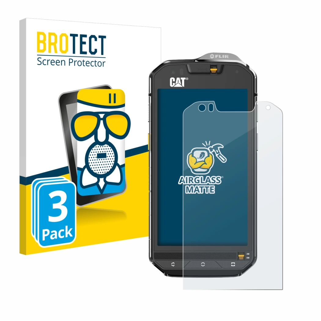 Parte frontal de un envase de producto con el logotipo de la marca BROTECT. Al lado se muestra el dispositivo Caterpillar Cat 