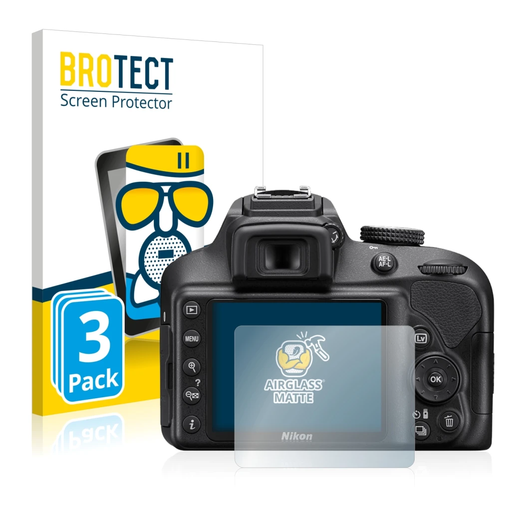 Parte frontal de un envase de producto con el logotipo de la marca BROTECT. Al lado se muestra el dispositivo Nikon D3400 con 