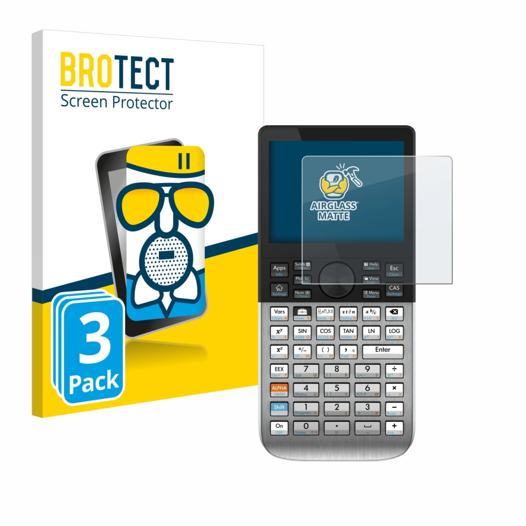 Parte frontal de un envase de producto con el logotipo de la marca BROTECT. Al lado se muestra el dispositivo HP Prime con su