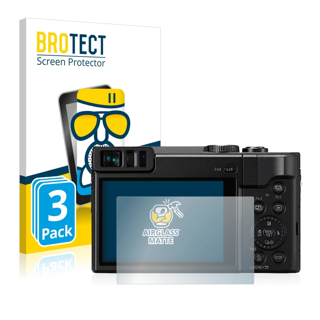 Parte frontal de un envase de producto con el logotipo de la marca BROTECT. Al lado se muestra el dispositivo Panasonic Lumix 