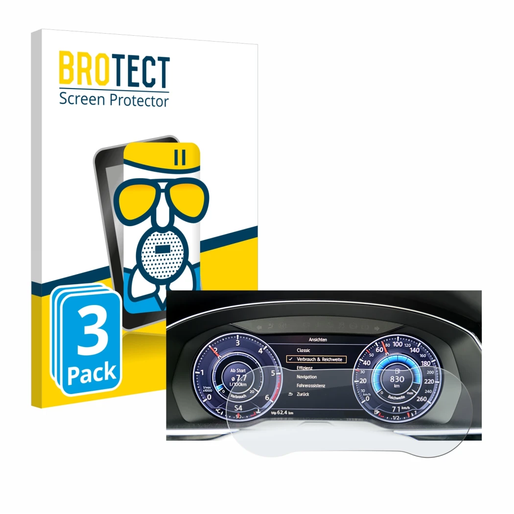 Parte frontal de un envase de producto con el logotipo de la marca BROTECT. Al lado se muestra el dispositivo Volkswagen Tigua