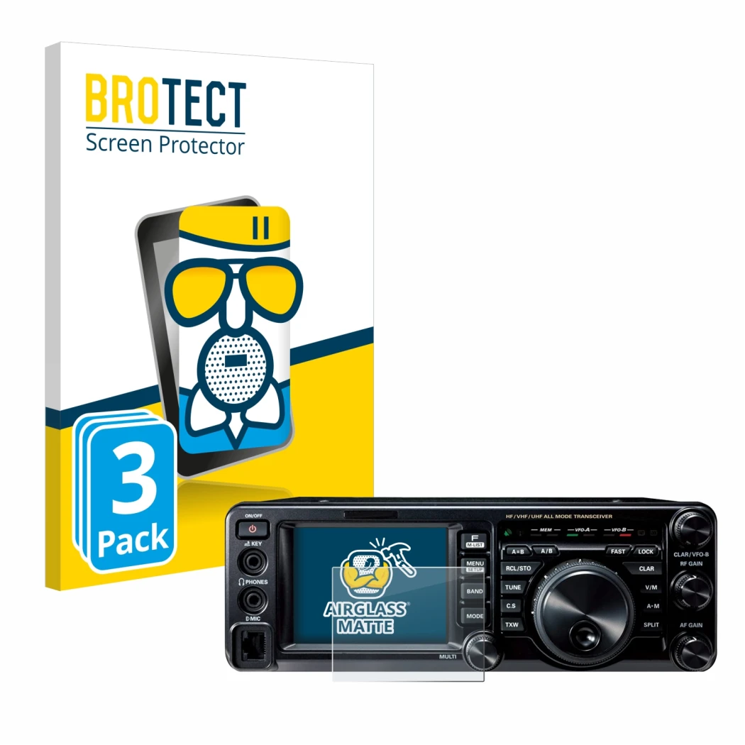 Parte frontal de un envase de producto con el logotipo de la marca BROTECT. Al lado se muestra el dispositivo Yaesu FT-991A co