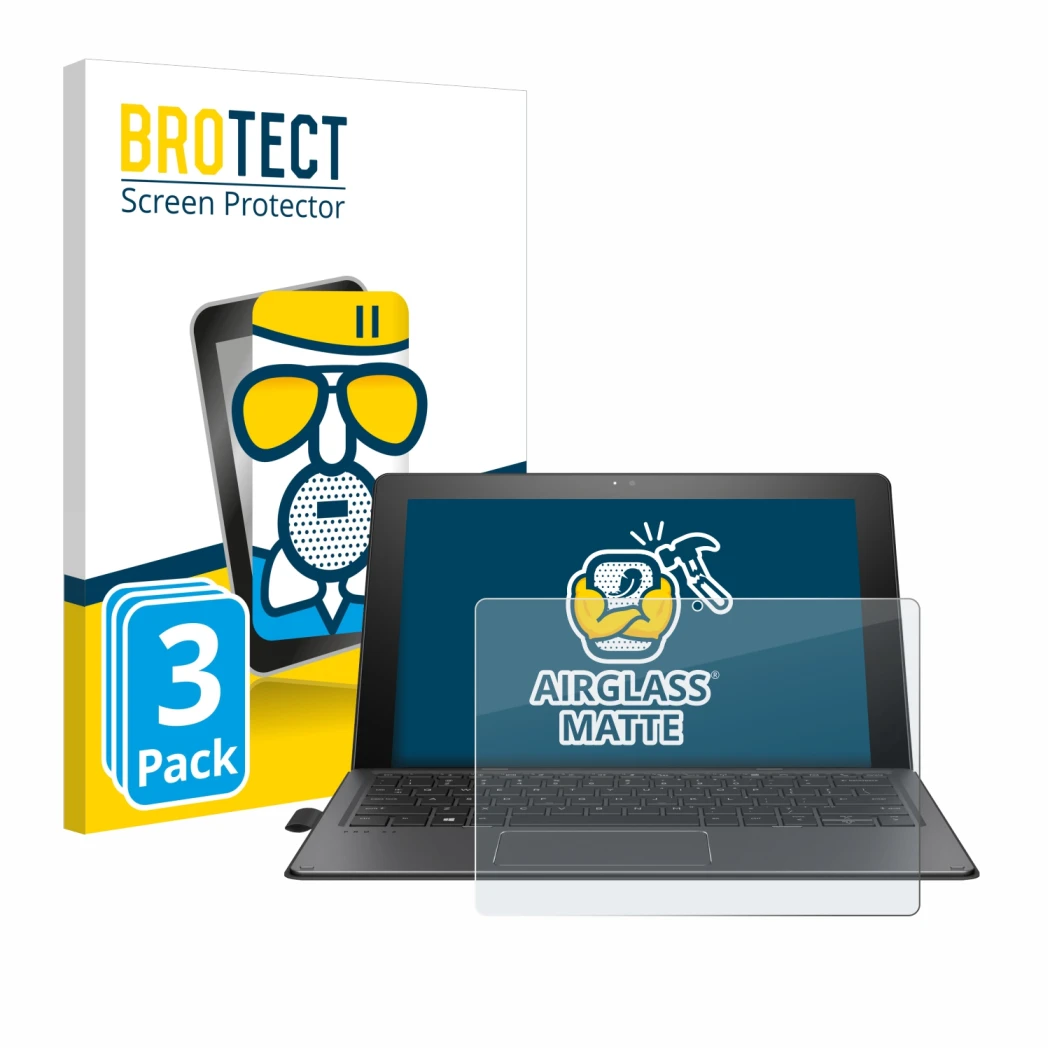 Parte frontal de un envase de producto con el logotipo de la marca BROTECT. Al lado se muestra el dispositivo HP Pro x2 612 G2