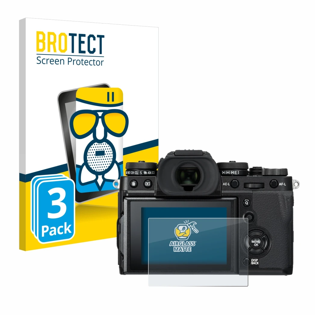 Parte frontal de un envase de producto con el logotipo de la marca BROTECT. Al lado se muestra el dispositivo Fujifilm X-T3 co