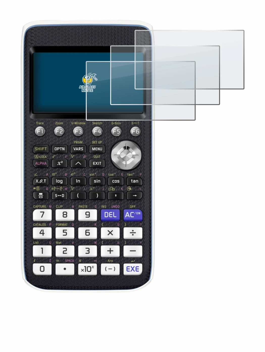 Imagen del dispositivo Casio FX-CG50 con una amplia variedad de protectores de pantalla.