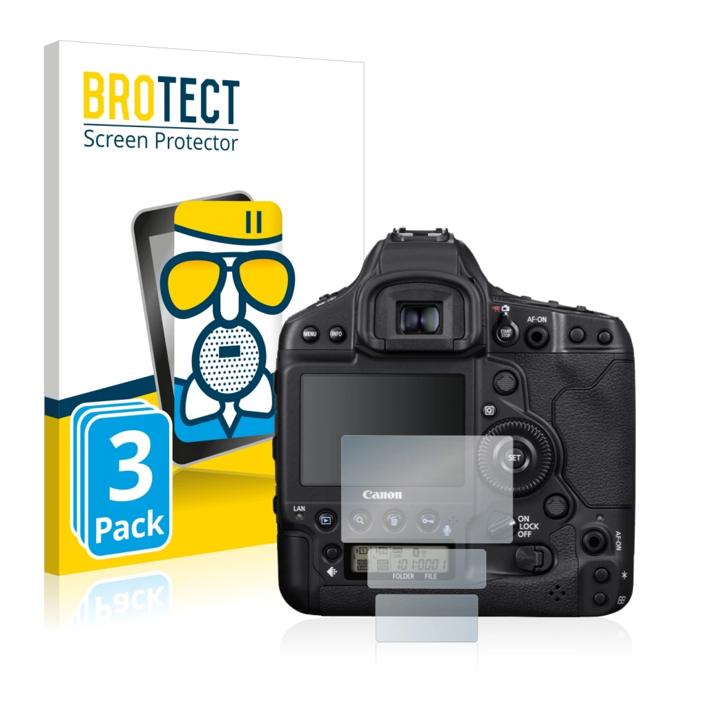 Parte frontal de un envase de producto con el logotipo de la marca BROTECT. Al lado se muestra el dispositivo Canon EOS 1D X M