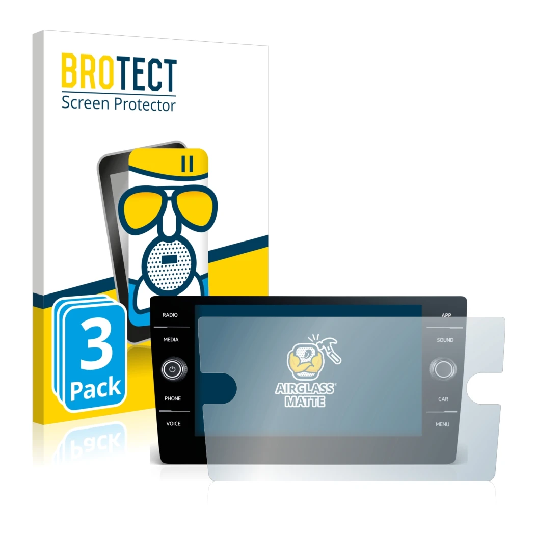 Parte frontal de un envase de producto con el logotipo de la marca BROTECT. Al lado se muestra el dispositivo Volkswagen Arteo