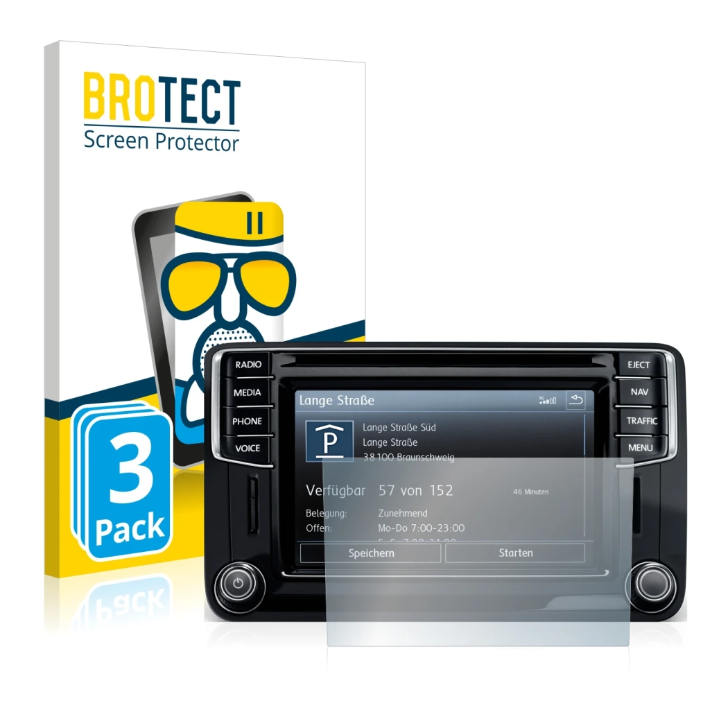 Parte frontal de un envase de producto con el logotipo de la marca BROTECT. Al lado se muestra el dispositivo Volkswagen Amaro