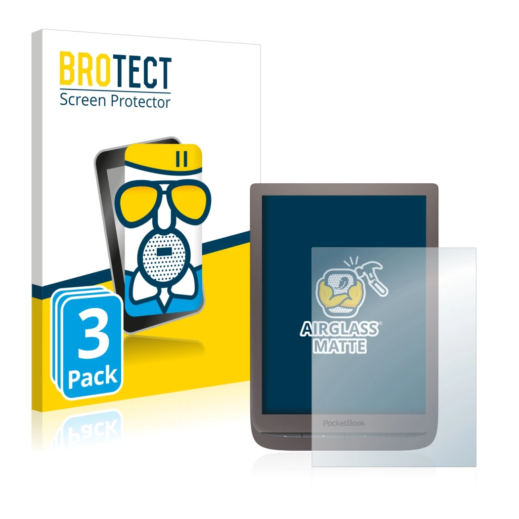 Parte frontal de un envase de producto con el logotipo de la marca BROTECT. Al lado se muestra el dispositivo PocketBook InkPa