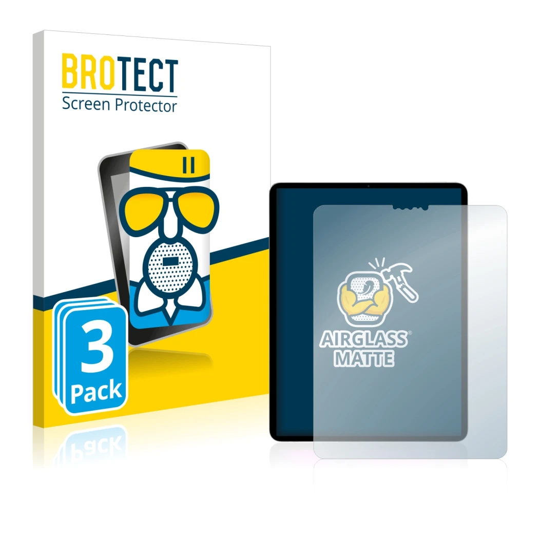 Parte frontal de un envase de producto con el logotipo de la marca BROTECT. Al lado se muestra el dispositivo Apple iPad Pro 1